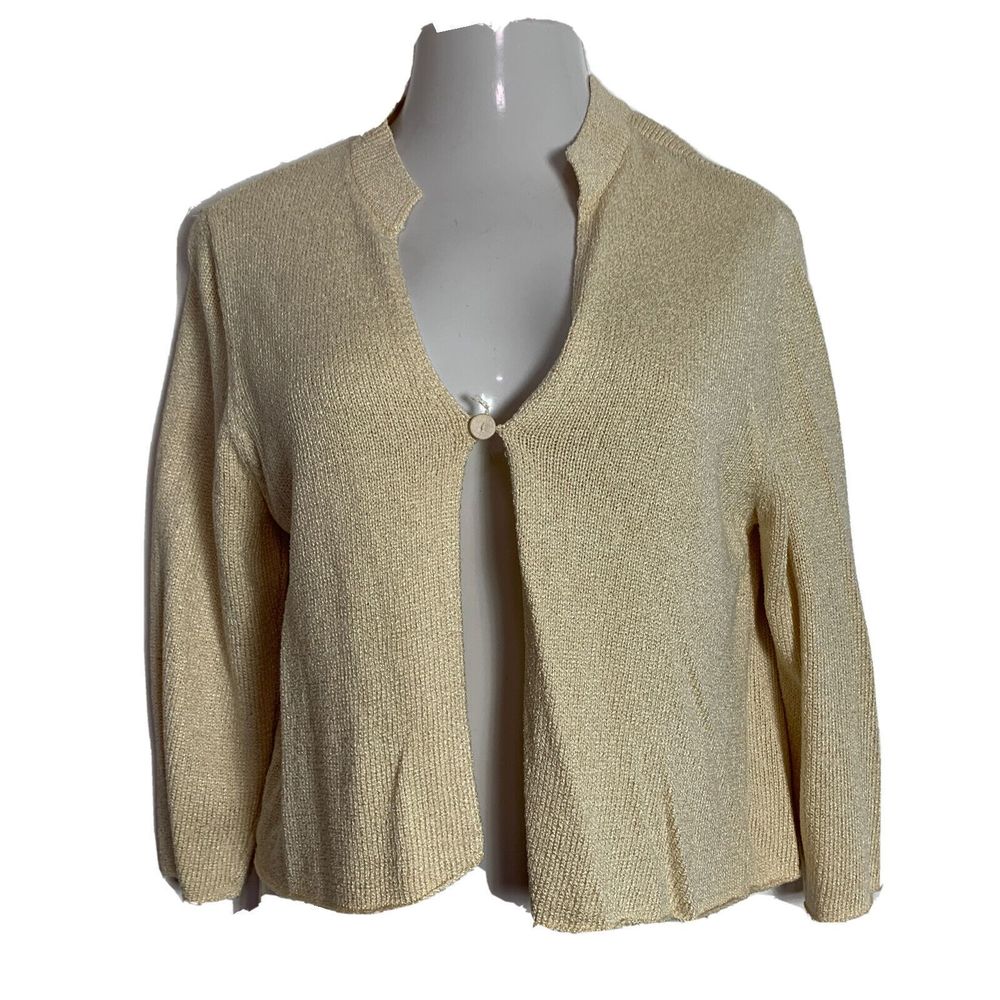 Eileen Fisher Sweater Top Silk Knit V-Neck 3/4 Sleeve 1 Button Cardigan Size L